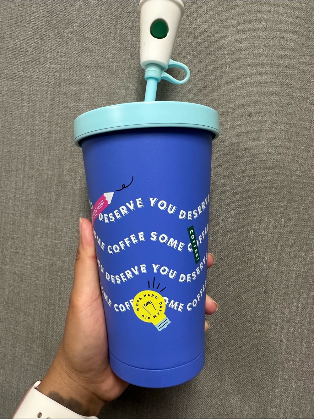 Starbucks Blue Tumbler with Light Blue Lid and Multicolor Accents